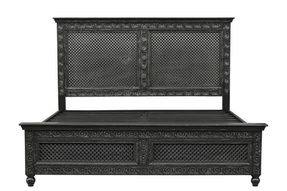 Lawson Black Carved Floral Distressed Solid Wood King Bed