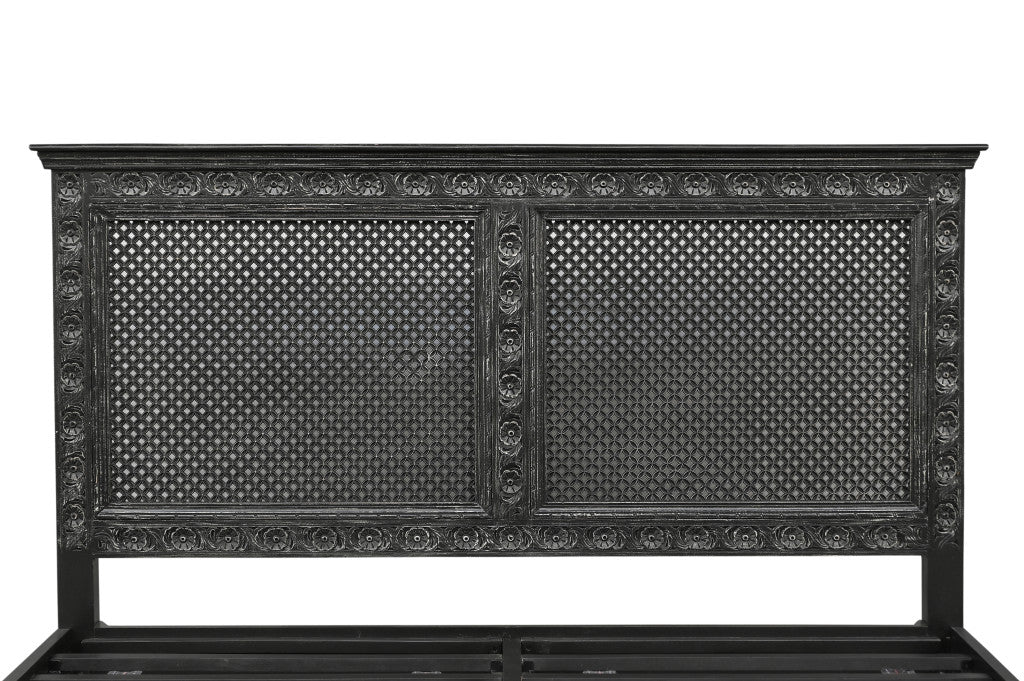 Black Carved Floral Distressed Solid Wood King Bed
