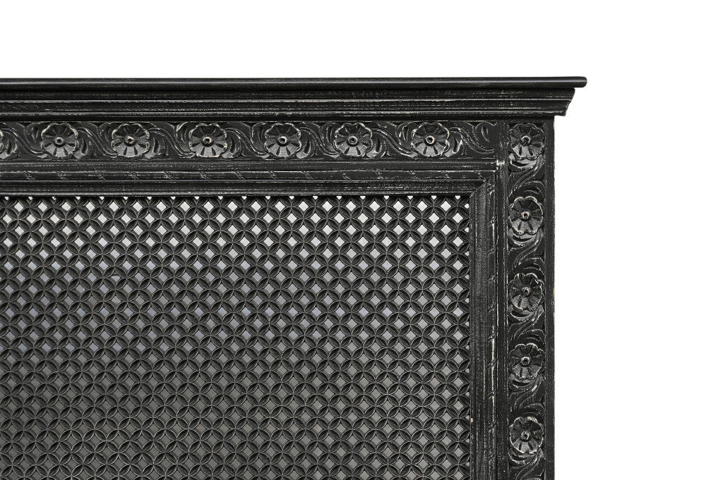Black Carved Floral Distressed Solid Wood King Bed