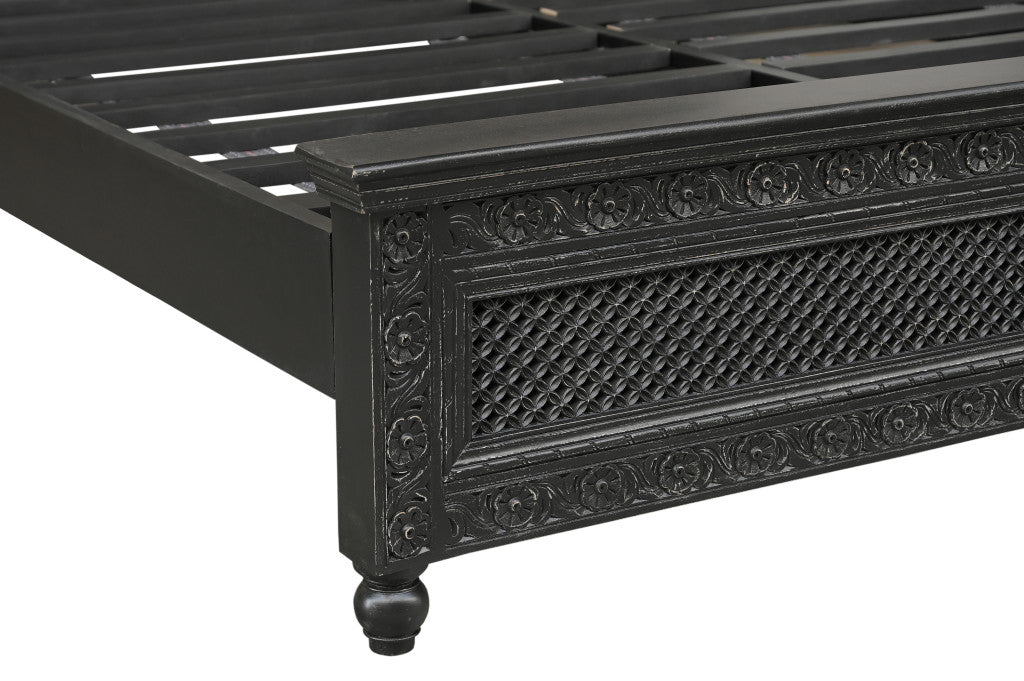Black Carved Floral Distressed Solid Wood King Bed