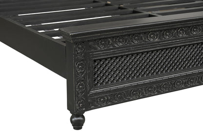 Black Carved Floral Distressed Solid Wood King Bed