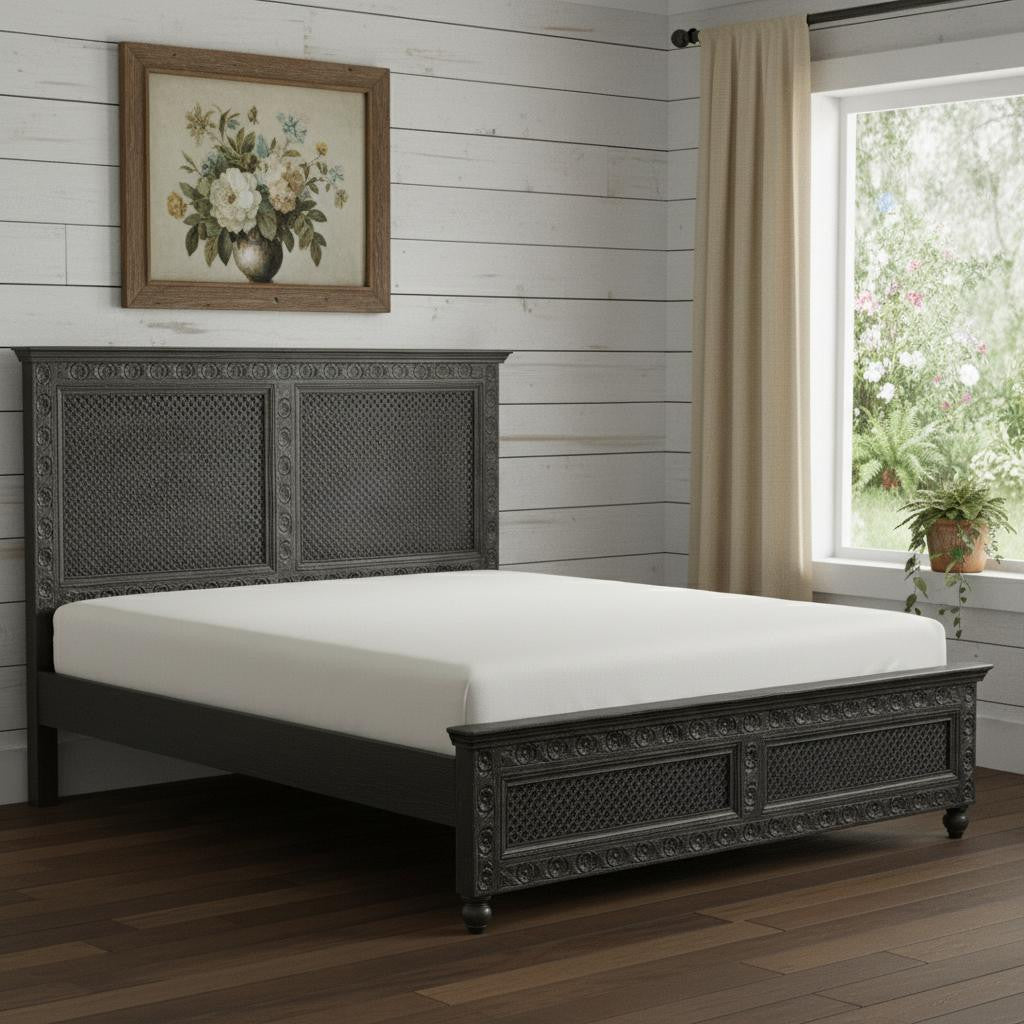Black Carved Floral Distressed Solid Wood King Bed