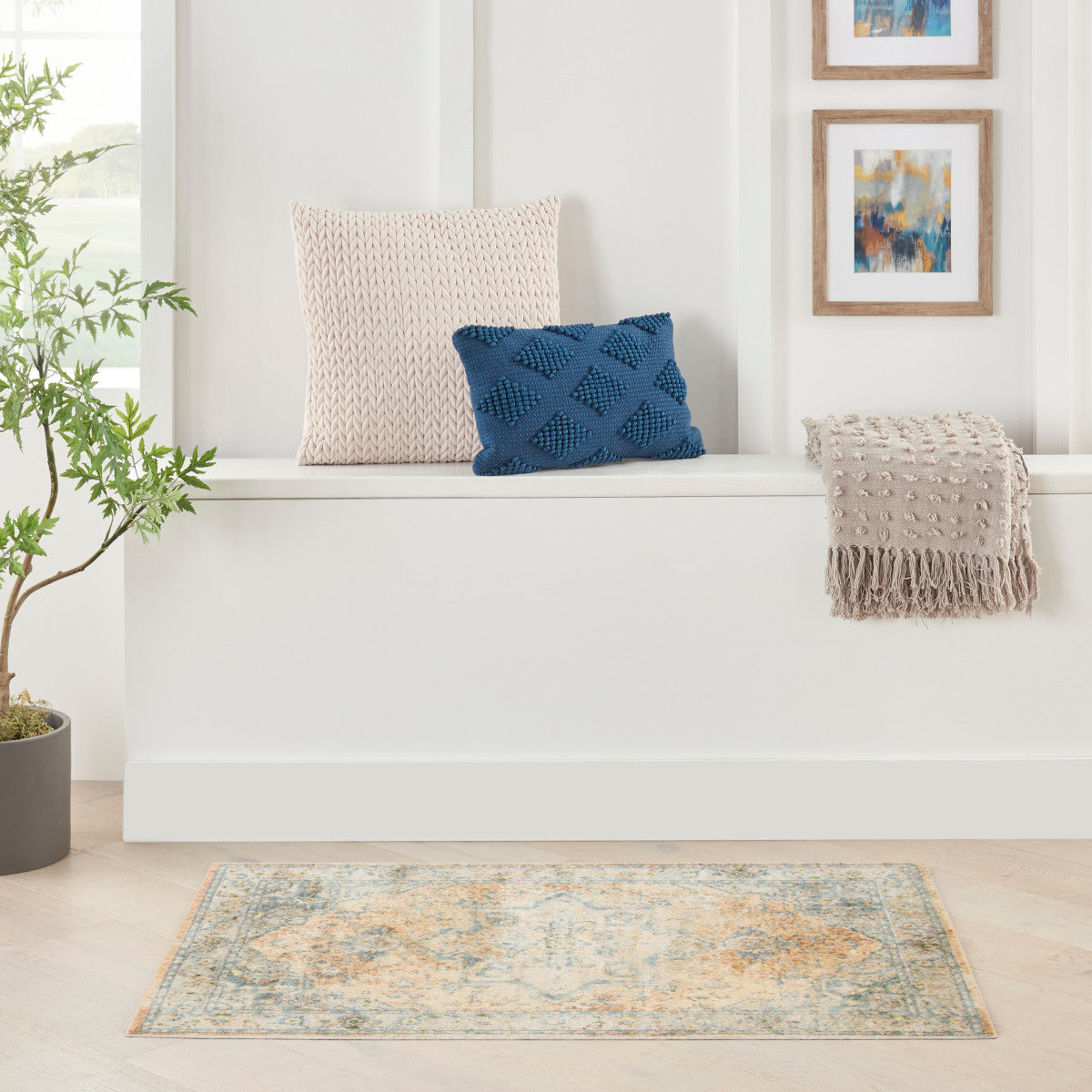 Nourison Astra Beige & Blue Pet Friendly Machine Washable Rug - Room Scene
