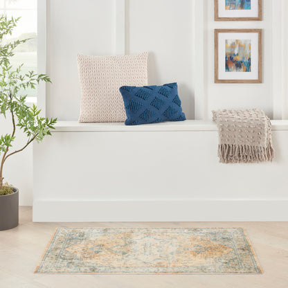 Nourison Astra Beige & Blue Pet Friendly Machine Washable Rug - Room Scene