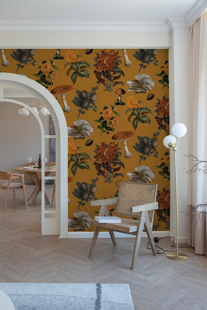 Shrooms Wallpaper, gold & marigold