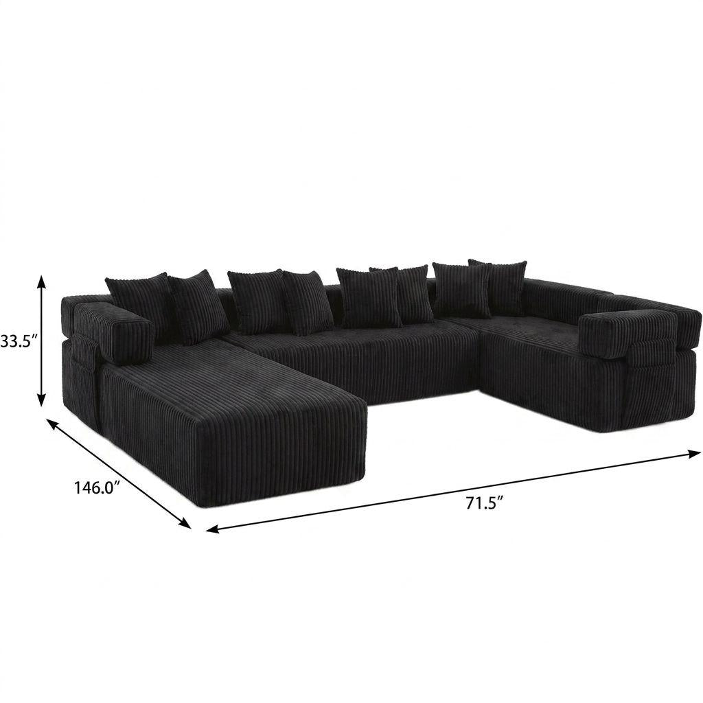 Black Corduroy Modular U Shaped 3 Piece Sectional w/ Console