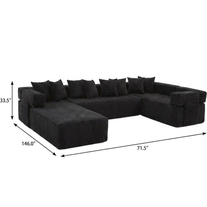 Black Corduroy Modular U Shaped 3 Piece Sectional w/ Console
