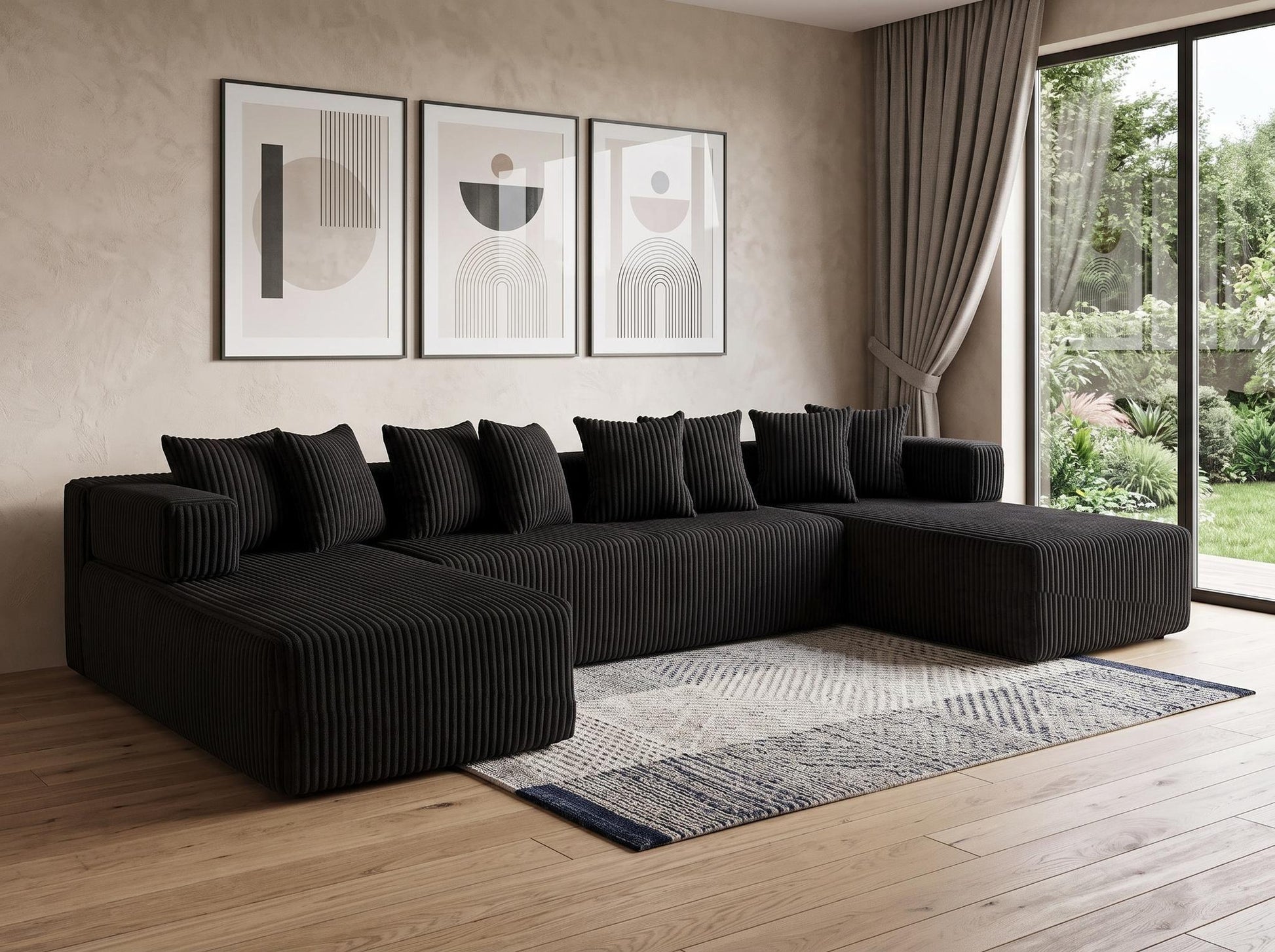 Black Corduroy Modular U Shaped 3 Piece Sectional w/ Console