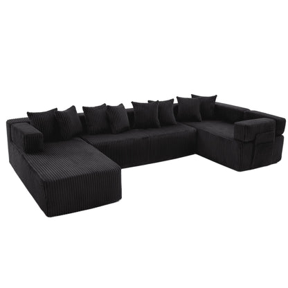 Black Corduroy Modular U Shaped 3 Piece Sectional w/ Console