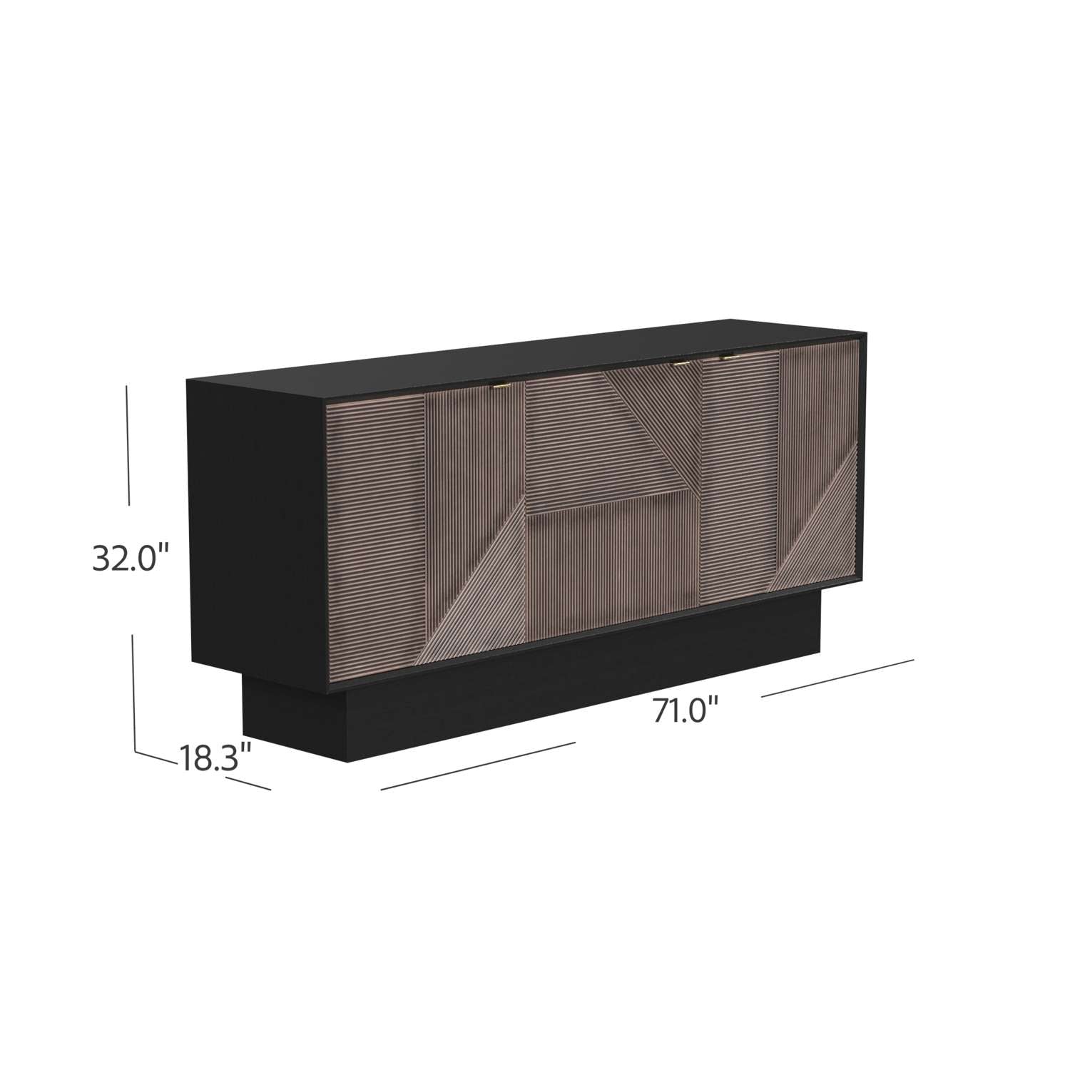 Beader 32" Three Door Cabinet with Storage Shelves, Black and Bronze - Dimensional