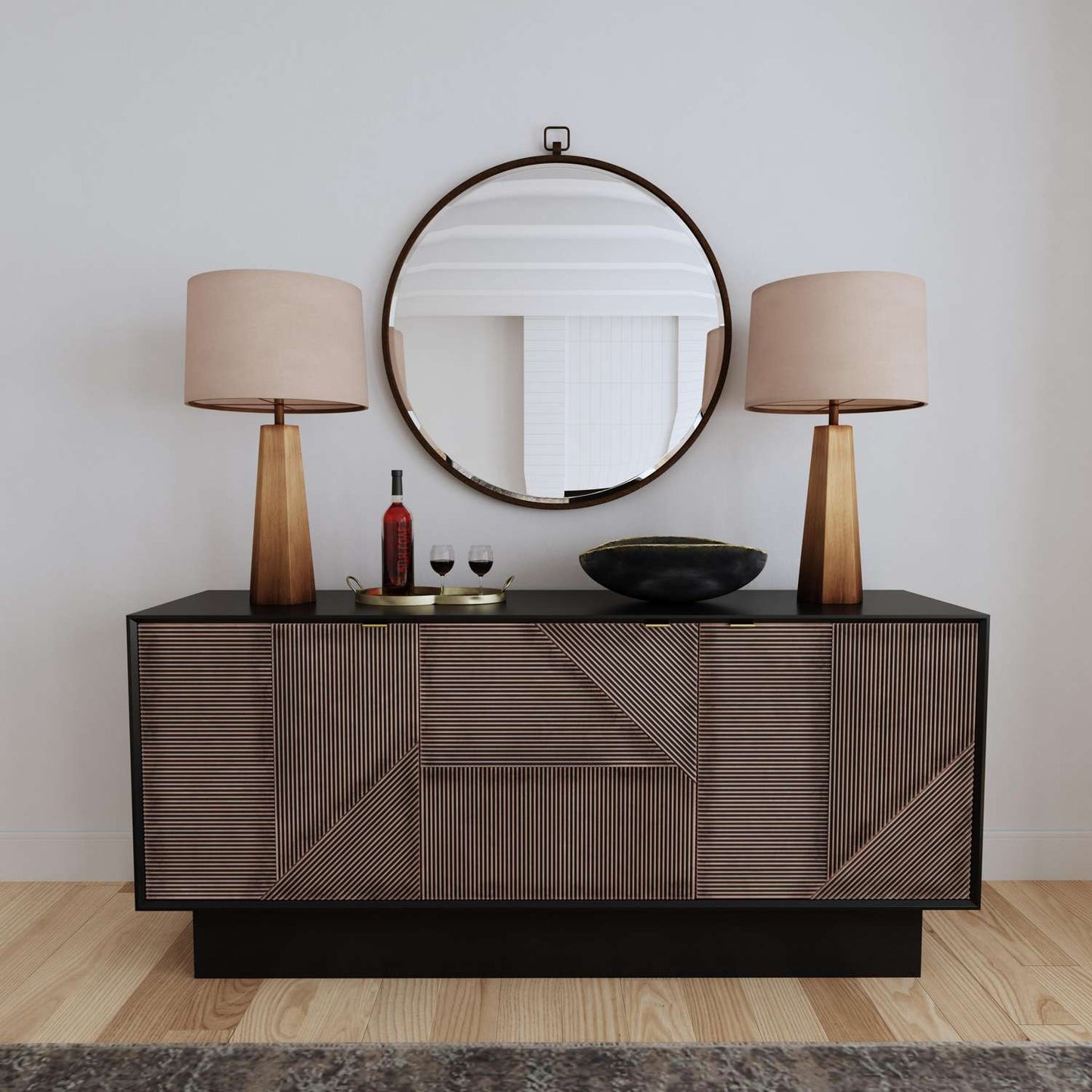 Beader 32" Three Door Cabinet with Storage Shelves, Black and Bronze - Main