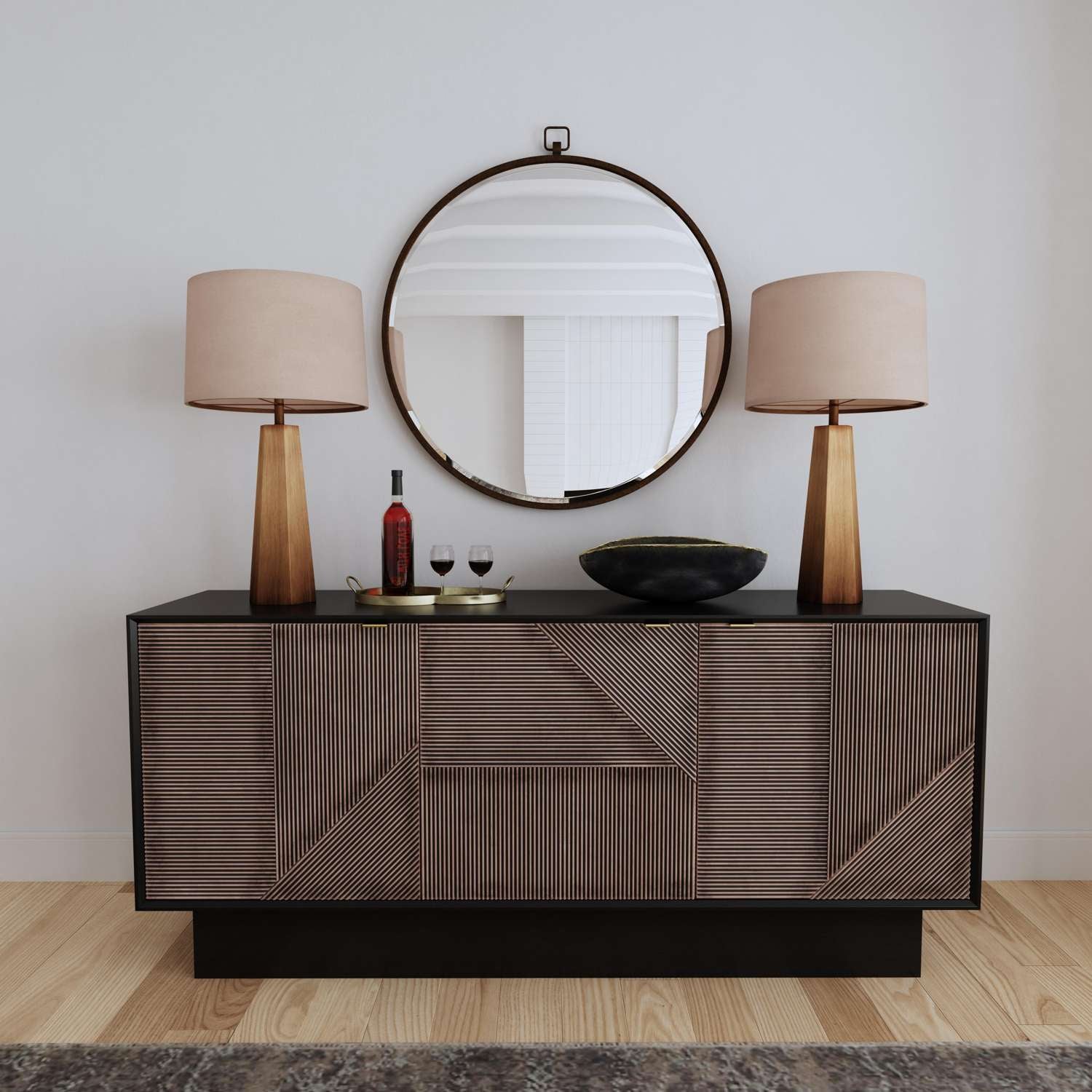 Beader 32" Three Door Cabinet with Storage Shelves, Black and Bronze - Main