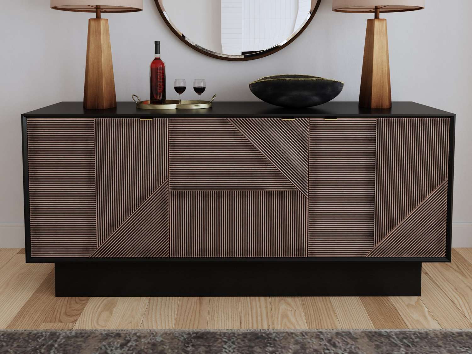 Beader 32" Three Door Cabinet with Storage Shelves, Black and Bronze - Room Scene