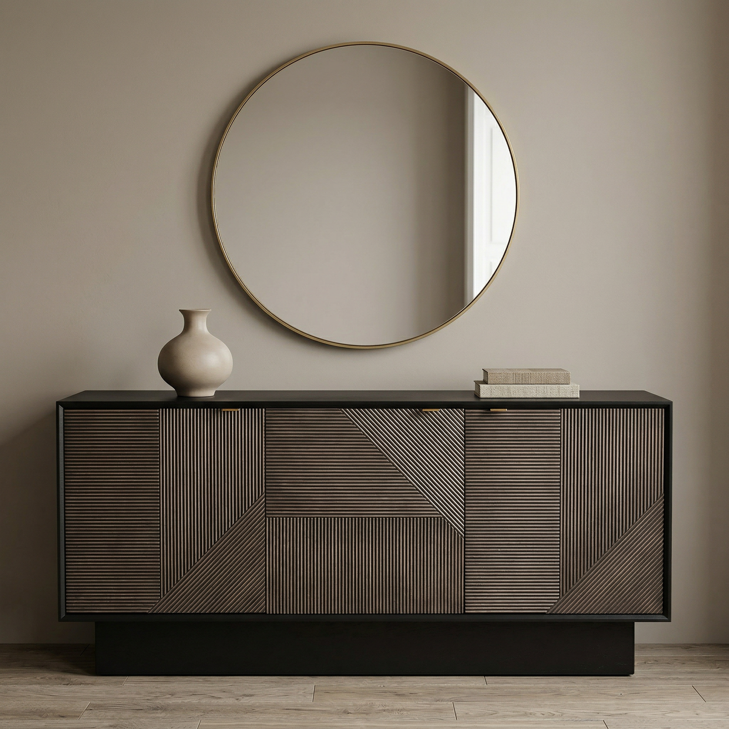 Beader 32" Three Door Cabinet with Storage Shelves, Black and Bronze - Enhanced