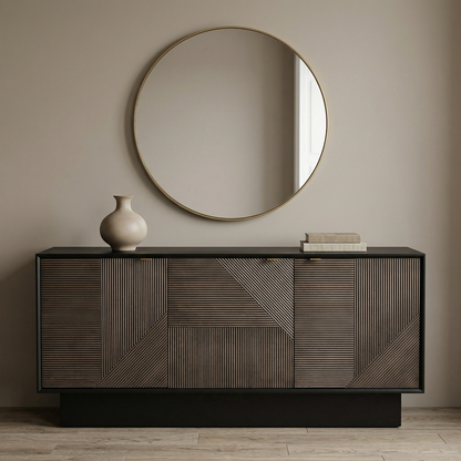 Beader 32" Three Door Cabinet with Storage Shelves, Black and Bronze - Enhanced