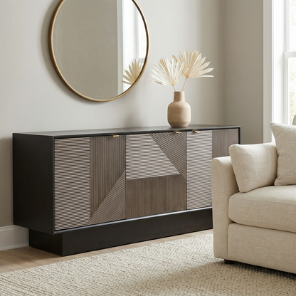 Beader 32" Three Door Cabinet with Storage Shelves, Black and Bronze - Enhanced