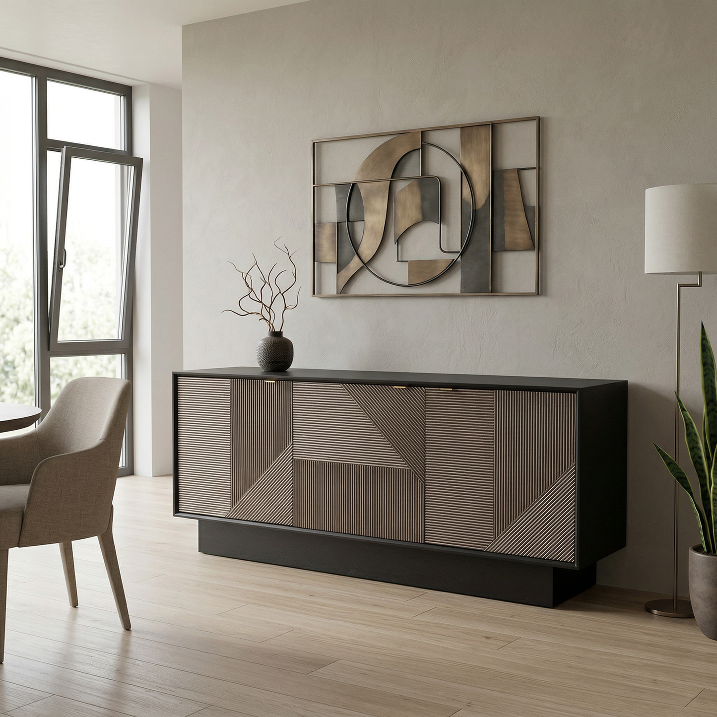 Beader 32" Three Door Cabinet with Storage Shelves, Black and Bronze - Enhanced