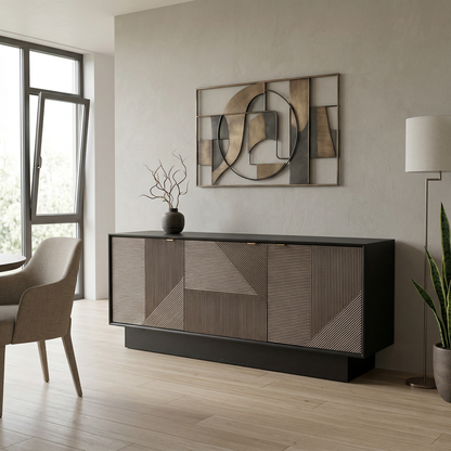 Beader 32" Three Door Cabinet with Storage Shelves, Black and Bronze - Enhanced
