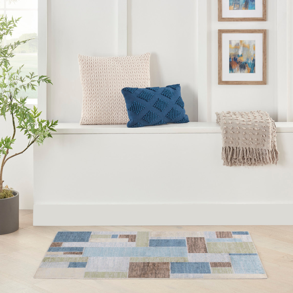 Nourison Astra Blue, Green & Multi Pet Friendly Machine Washable Rug - Room Scene
