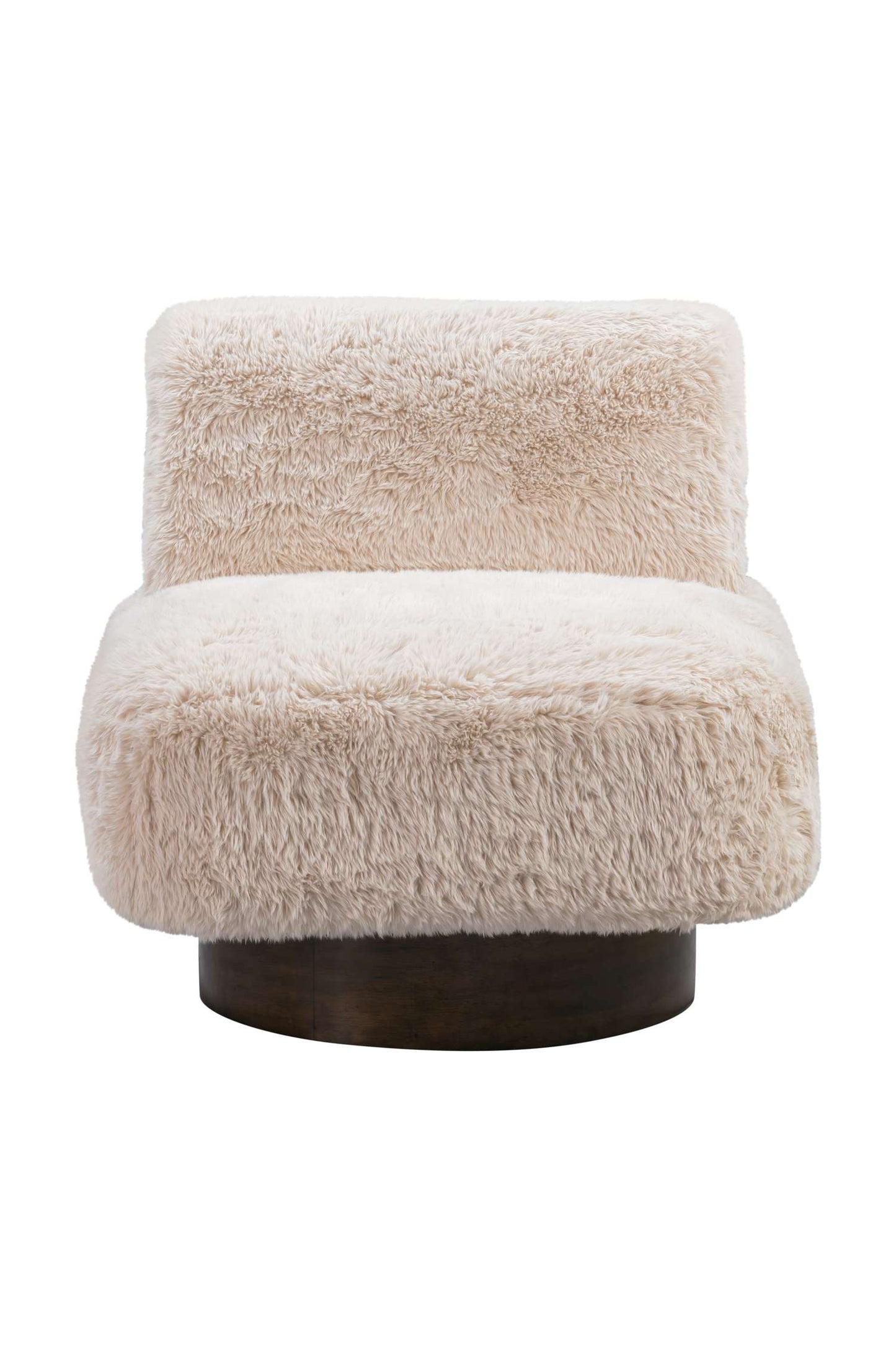 Amaya 29" Sandy Beige Faux Fur Swivel Accent Chair with Oak Brown Wood Ring Base - Straight On