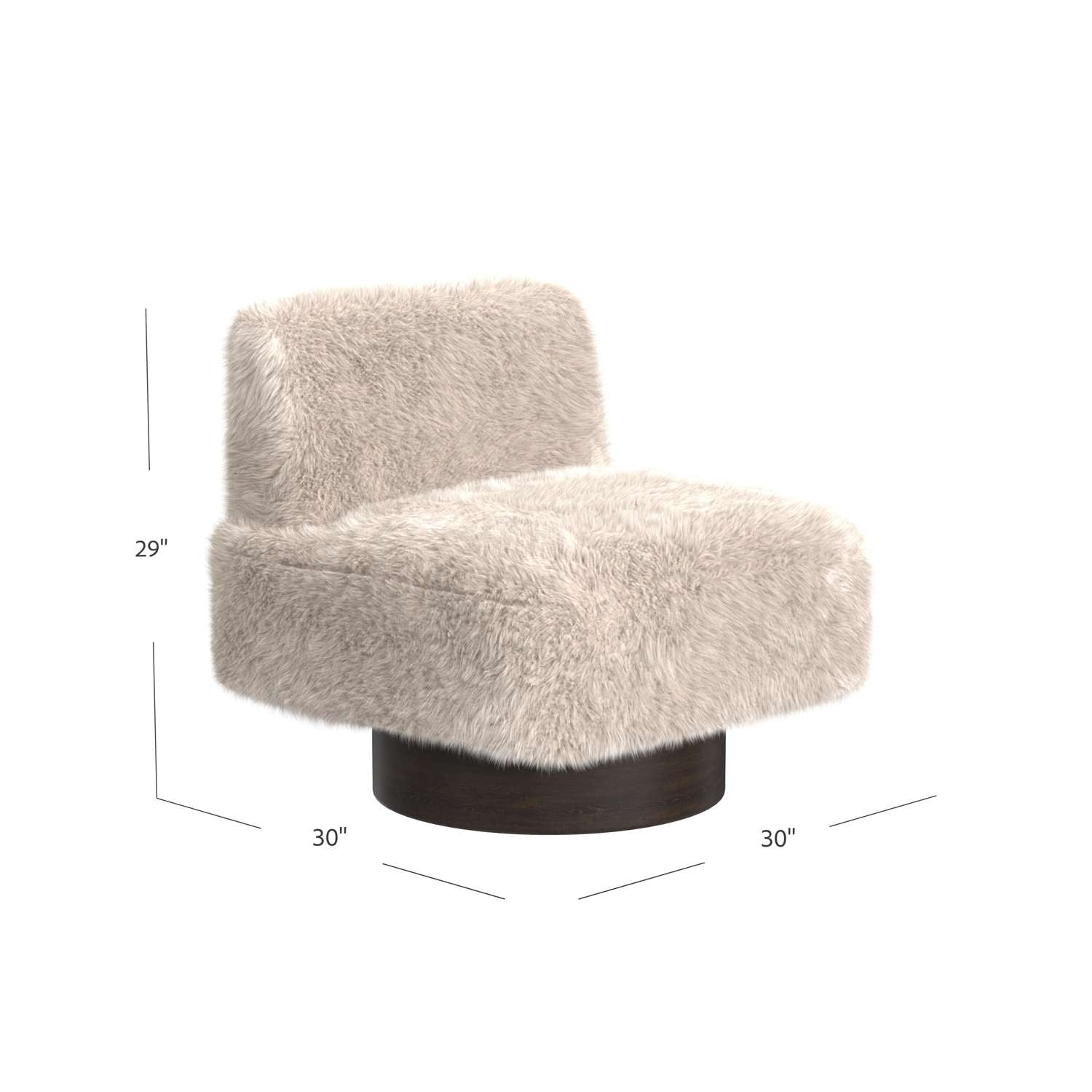 Amaya 29" Sandy Beige Faux Fur Swivel Accent Chair with Oak Brown Wood Ring Base - Dimensional