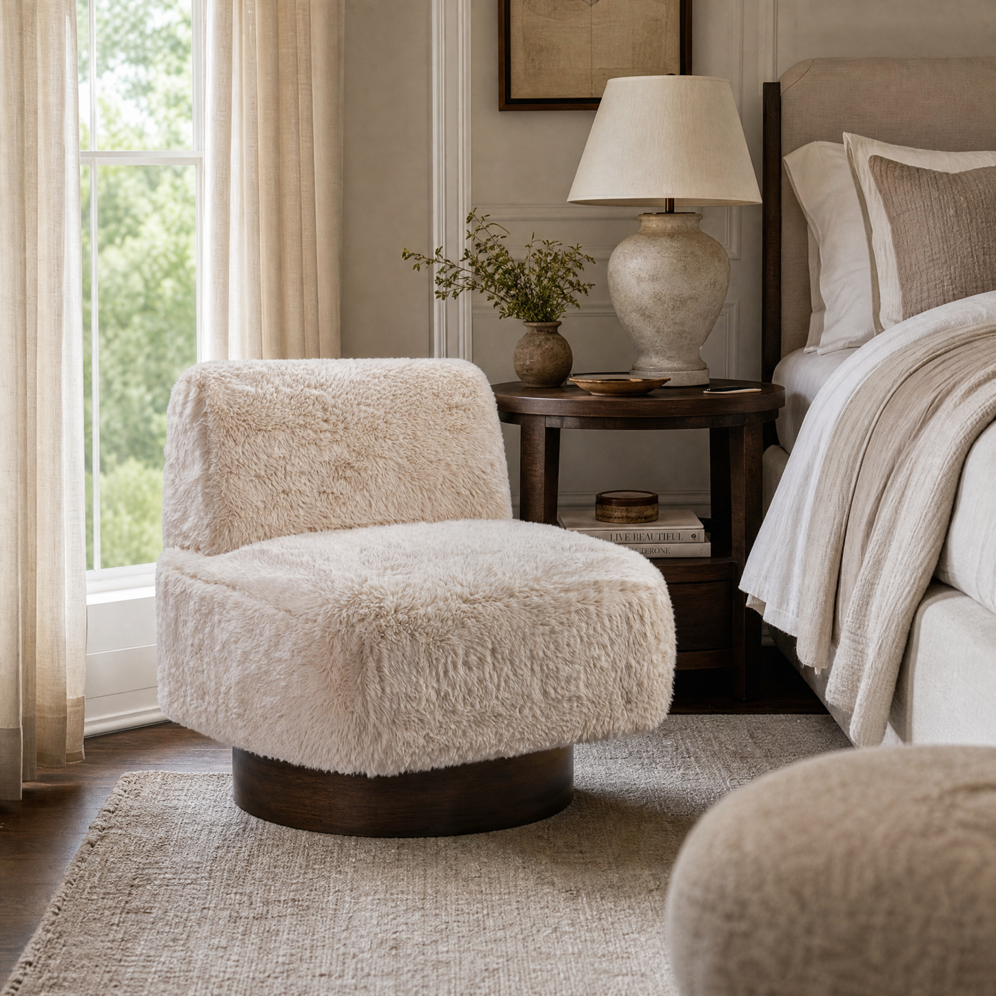 Amaya 29" Sandy Beige Faux Fur Swivel Accent Chair with Oak Brown Wood Ring Base - Enhanced