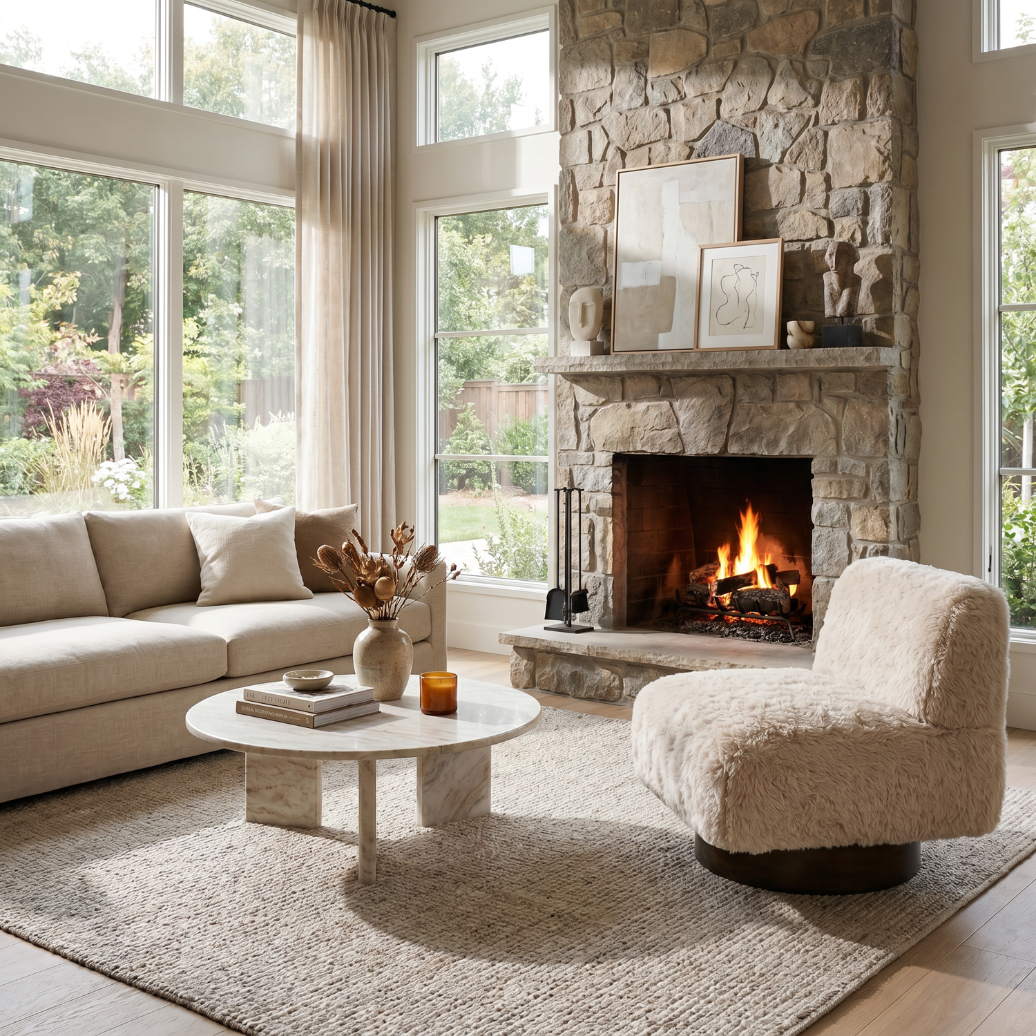 Amaya 29" Sandy Beige Faux Fur Swivel Accent Chair with Oak Brown Wood Ring Base - Enhanced