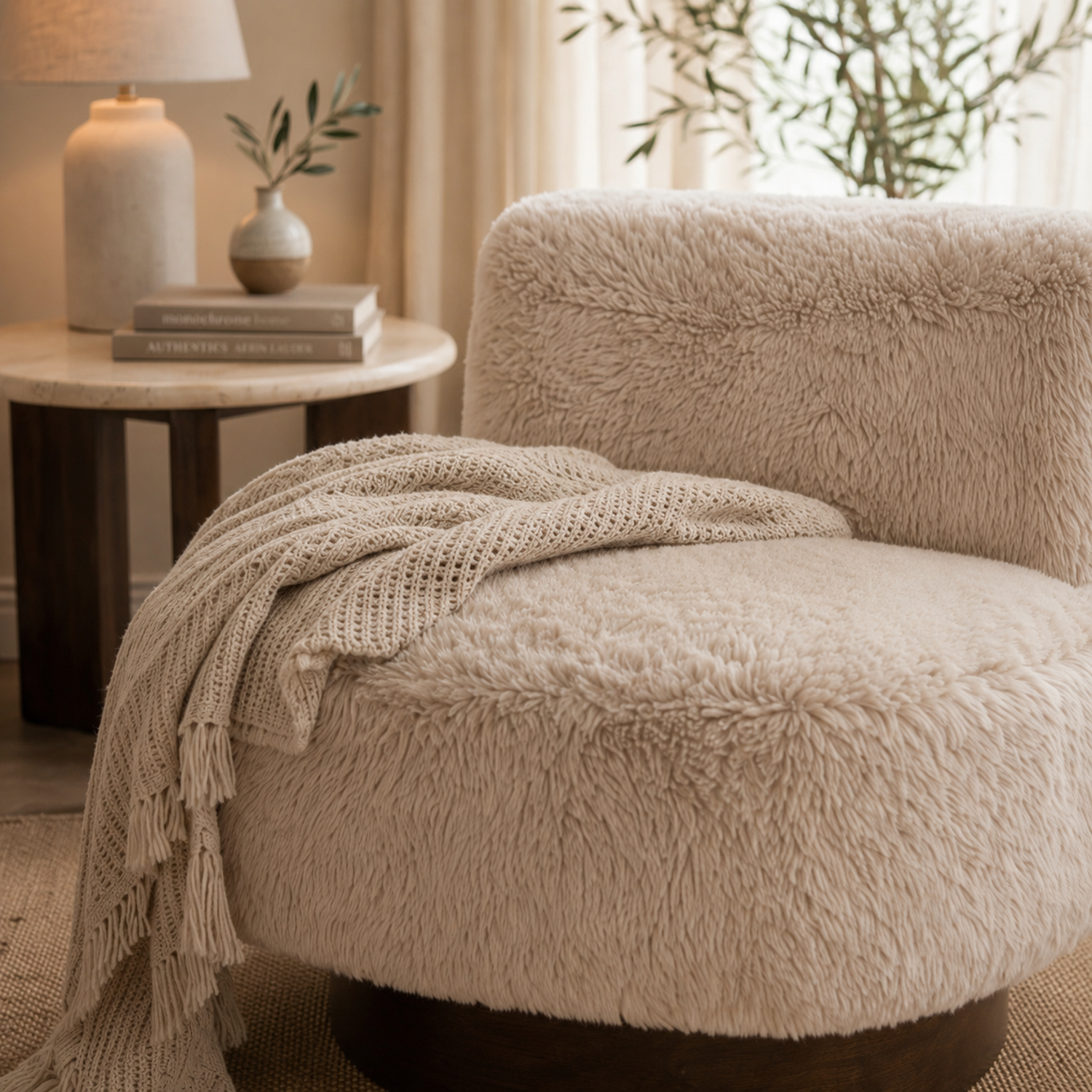 Amaya 29" Sandy Beige Faux Fur Swivel Accent Chair with Oak Brown Wood Ring Base - Enhanced