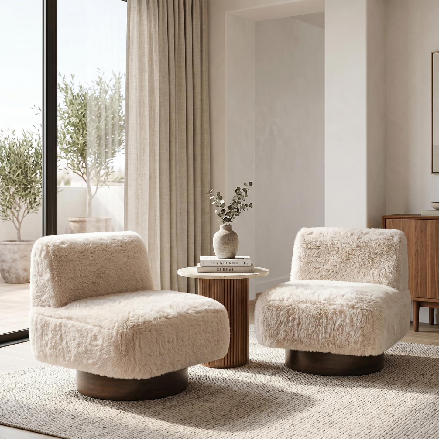 Amaya 29" Sandy Beige Faux Fur Swivel Accent Chair with Oak Brown Wood Ring Base - Enhanced