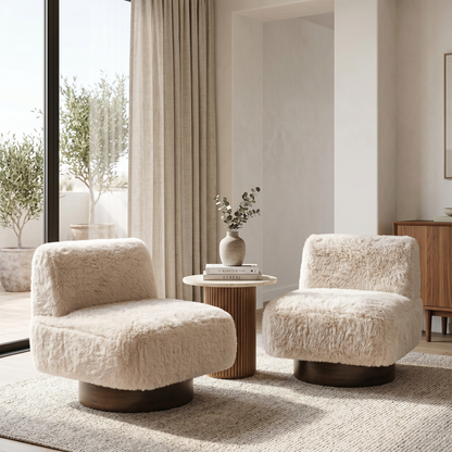 Amaya 29" Sandy Beige Faux Fur Swivel Accent Chair with Oak Brown Wood Ring Base - Enhanced