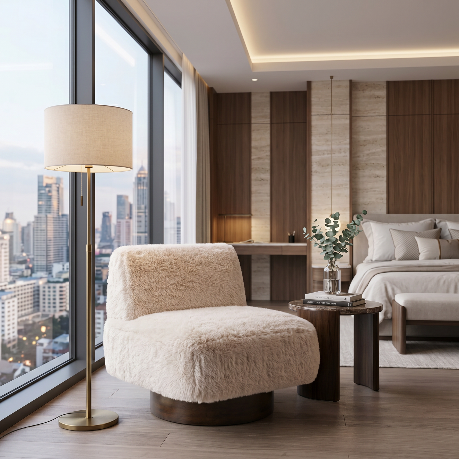 Amaya 29" Sandy Beige Faux Fur Swivel Accent Chair with Oak Brown Wood Ring Base - Enhanced