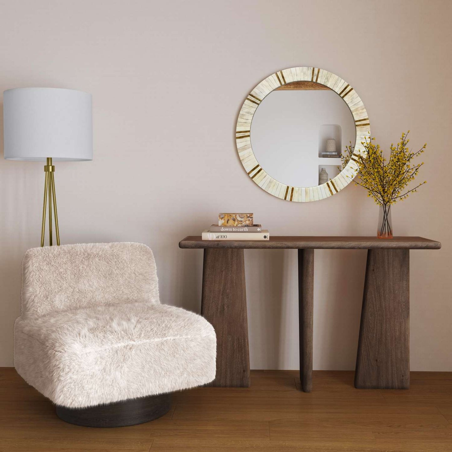 Amaya 29" Sandy Beige Faux Fur Swivel Accent Chair with Oak Brown Wood Ring Base - Room Scene