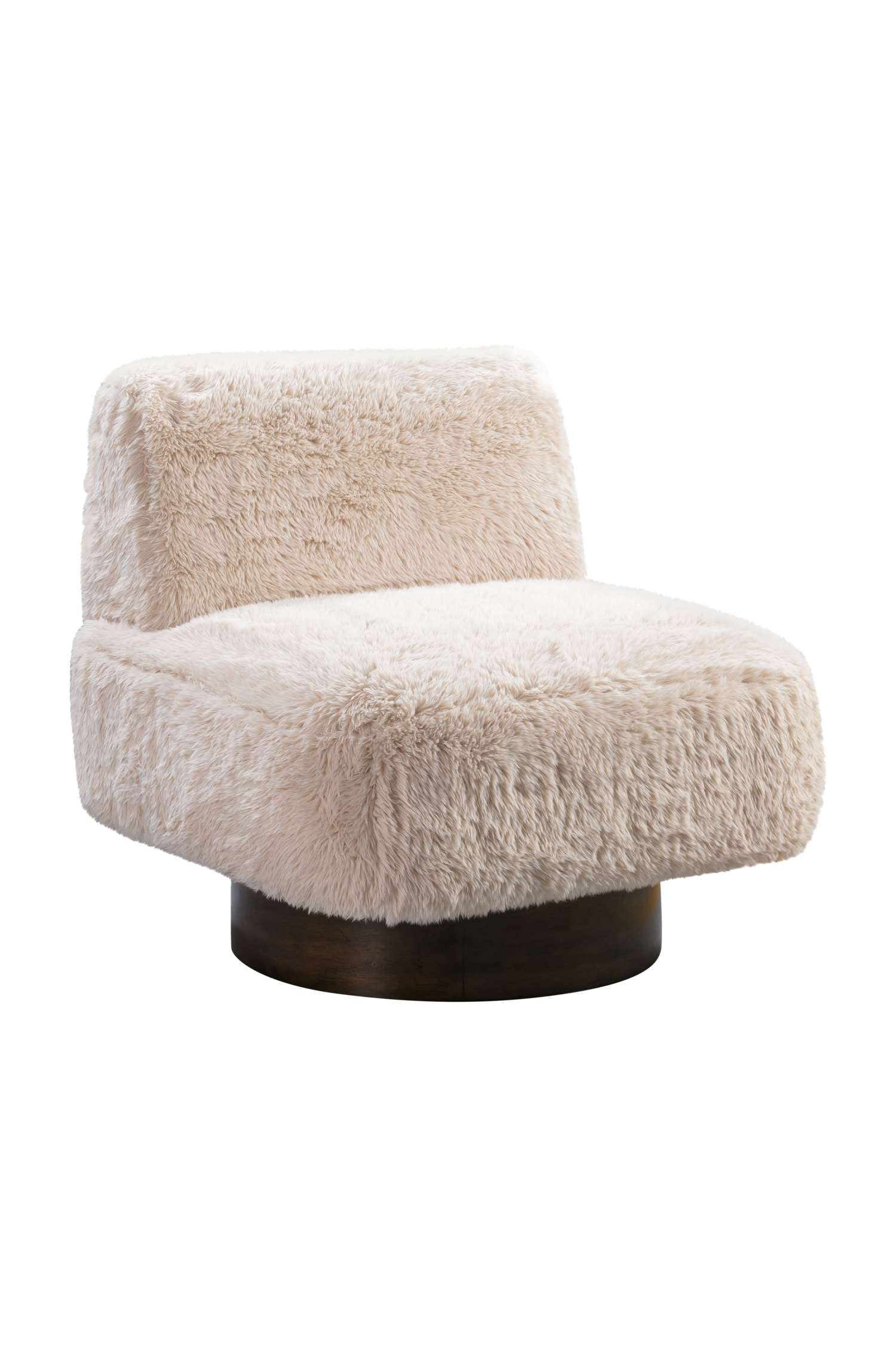 Amaya 29" Sandy Beige Faux Fur Swivel Accent Chair with Oak Brown Wood Ring Base - Angle