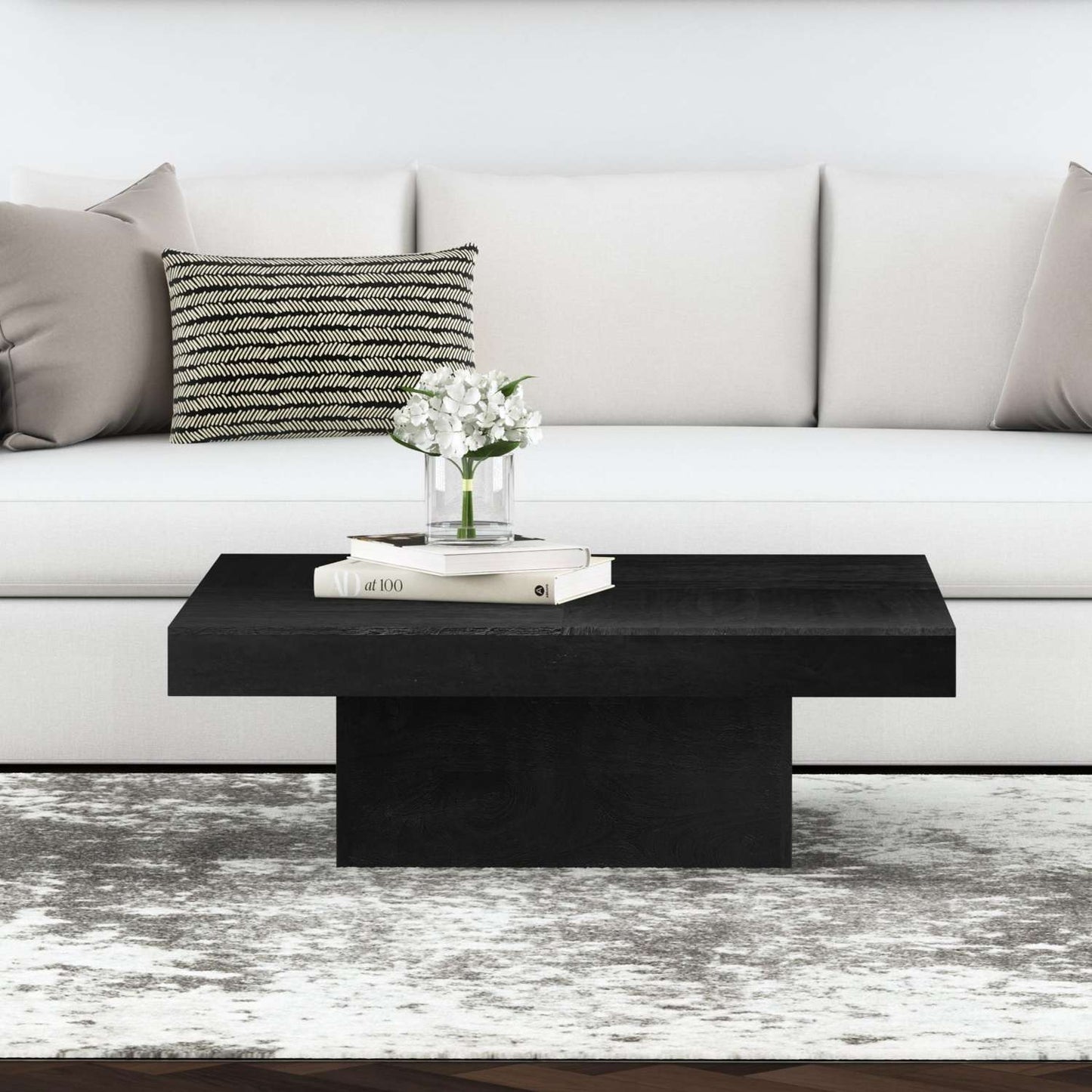 Padula 14" Matte Black Coffee Table with Mango Veneers - Room Scene