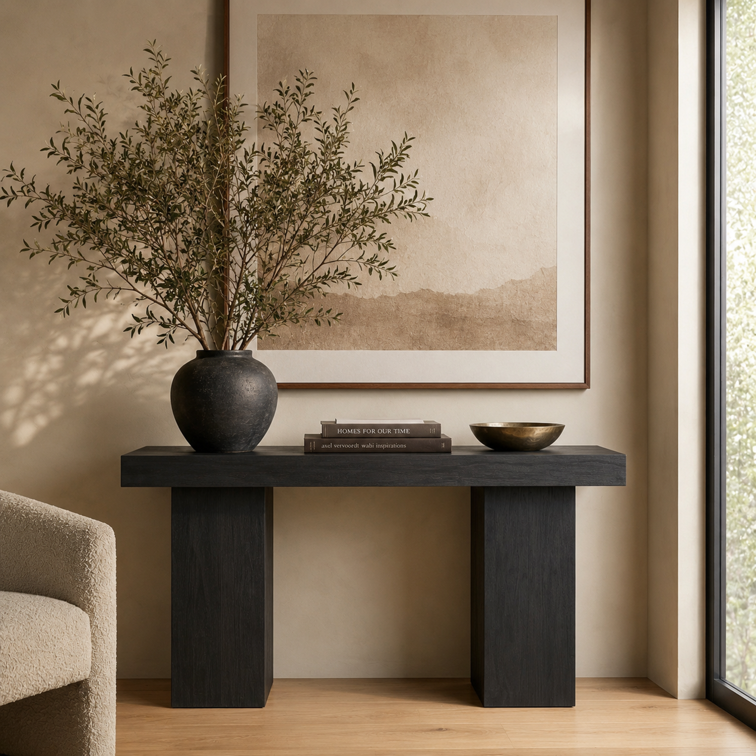Padula 30" Matte Black Console Table with Mango Veneer and Double Pillar Base - Enhanced