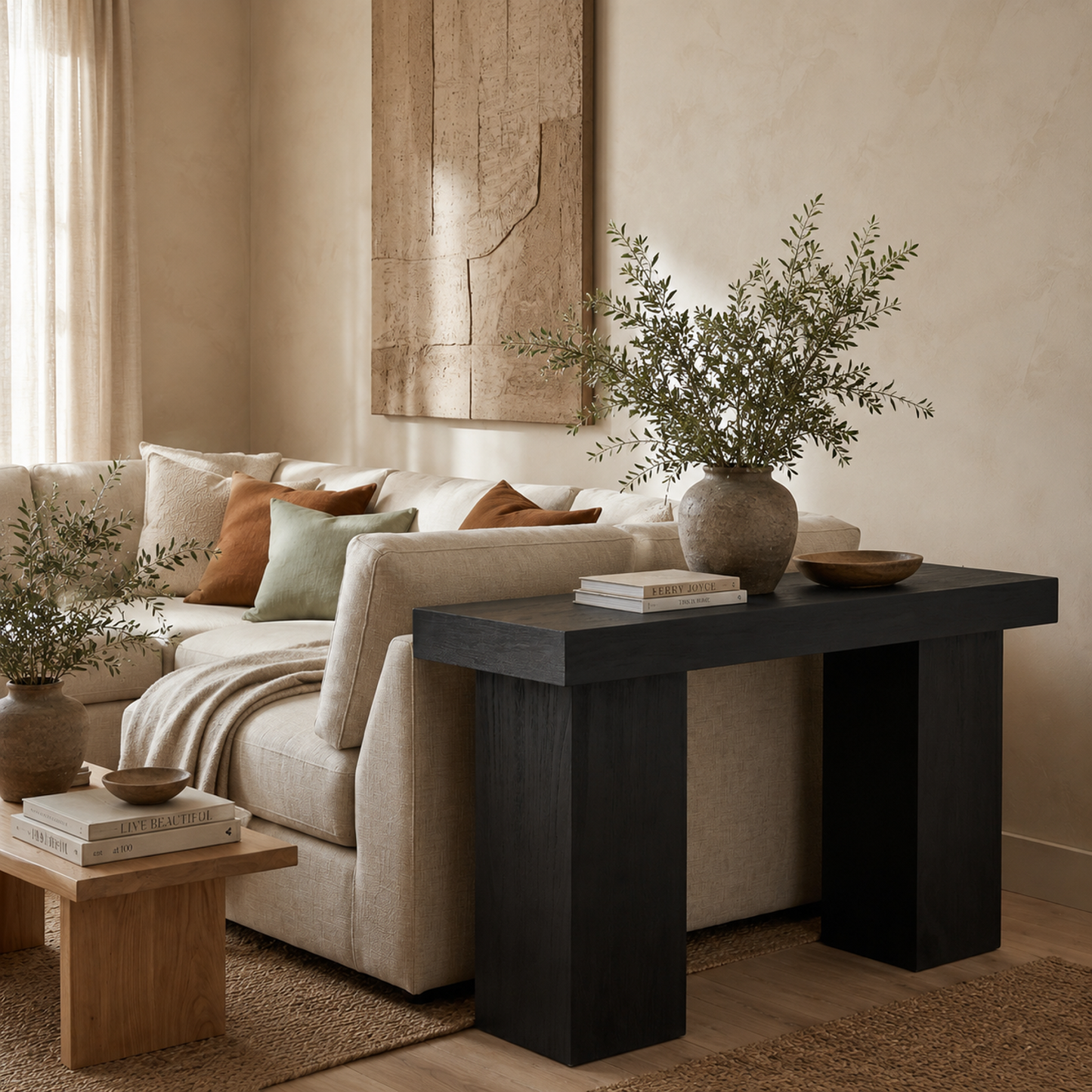Padula 30" Matte Black Console Table with Mango Veneer and Double Pillar Base - Enhanced