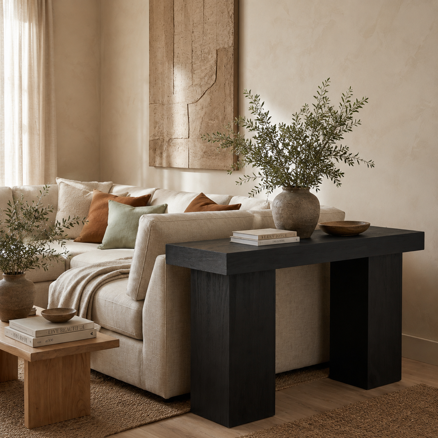 Padula 30" Matte Black Console Table with Mango Veneer and Double Pillar Base - Enhanced
