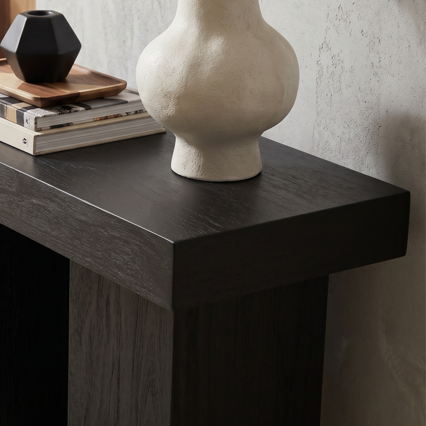 Padula 30" Matte Black Console Table with Mango Veneer and Double Pillar Base - Enhanced