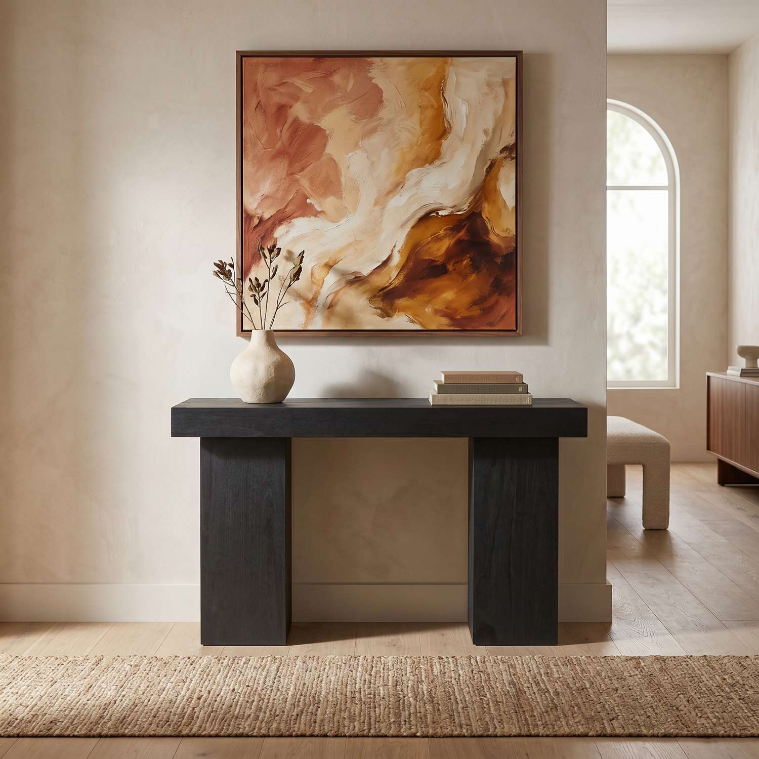 Padula 30" Matte Black Console Table with Mango Veneer and Double Pillar Base - Enhanced