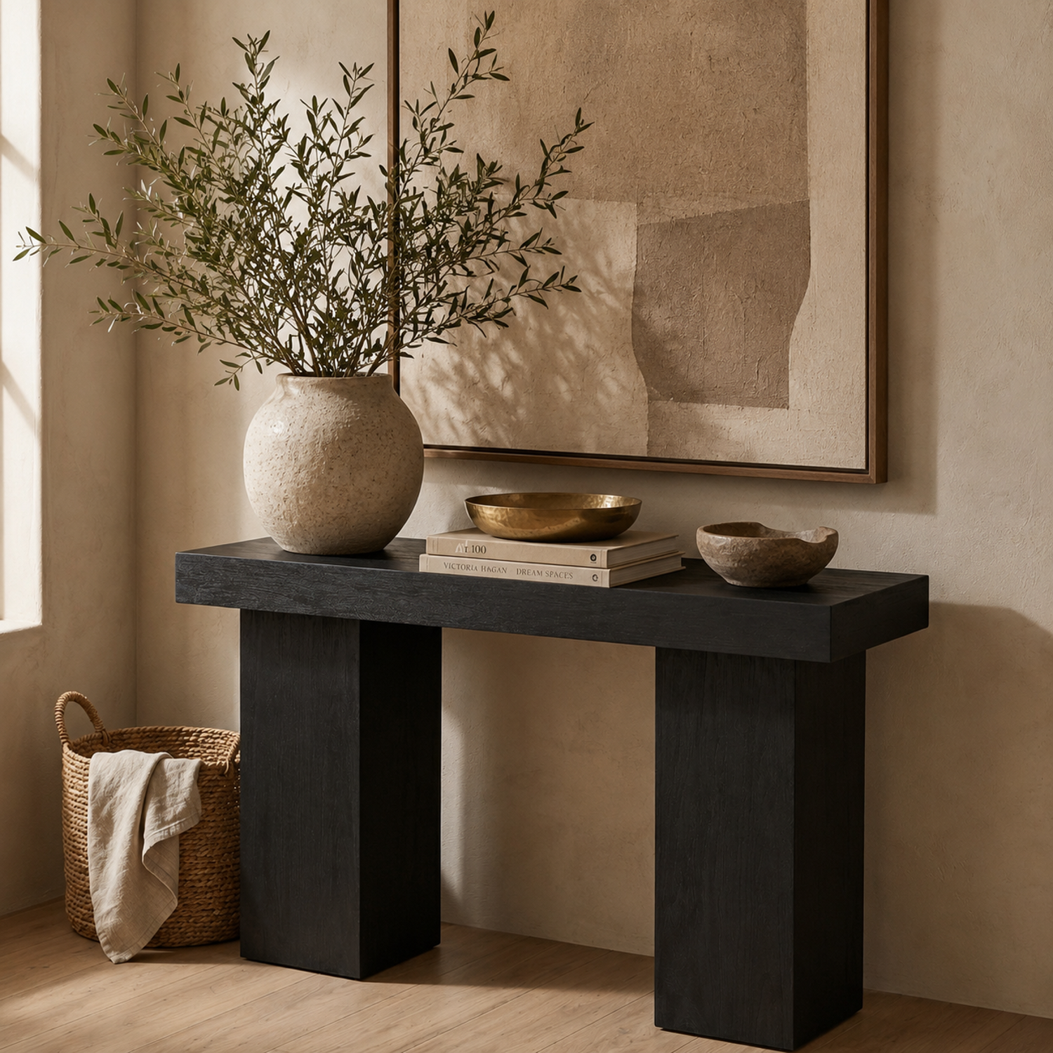 Padula 30" Matte Black Console Table with Mango Veneer and Double Pillar Base - Enhanced