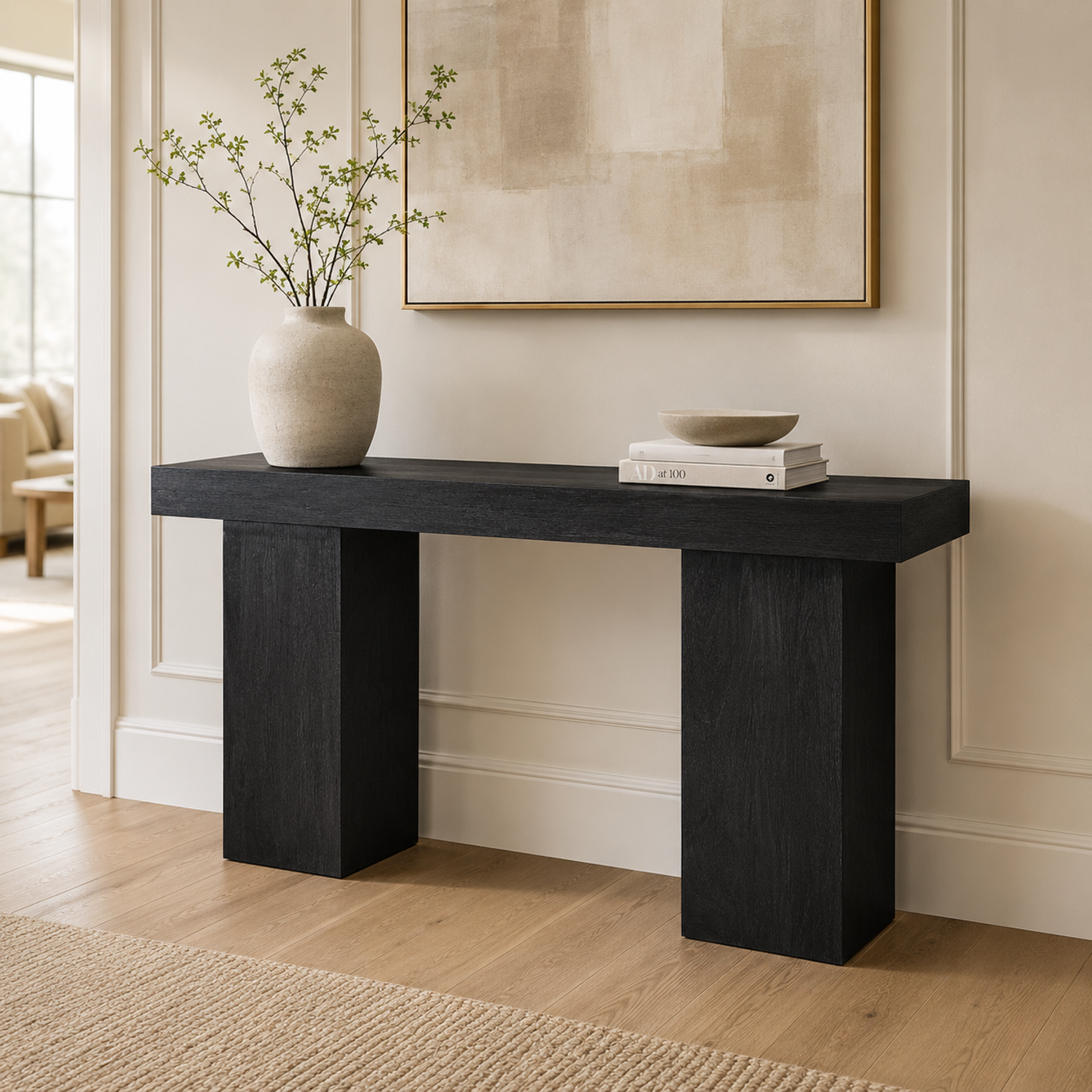 Padula 30" Matte Black Console Table with Mango Veneer and Double Pillar Base - Main
