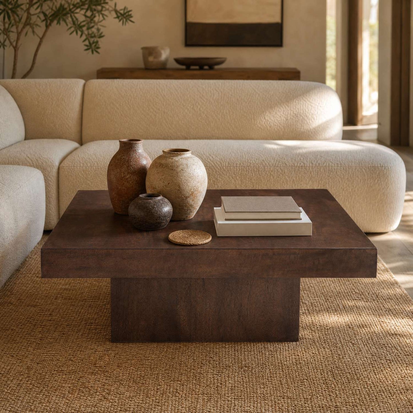 Padula 14" Modern Brown Oak Coffee Table with solid wood and Mango Veneers - Enhanced
