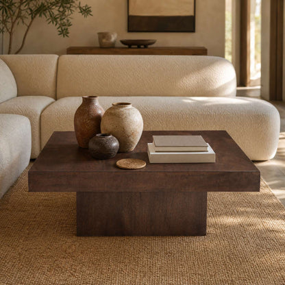 Padula 14" Modern Brown Oak Coffee Table with solid wood and Mango Veneers - Enhanced