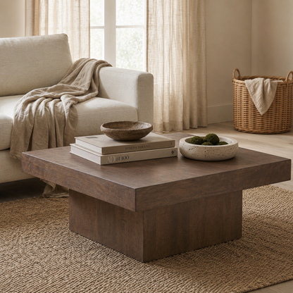 Padula 14" Modern Brown Oak Coffee Table with solid wood and Mango Veneers - Enhanced