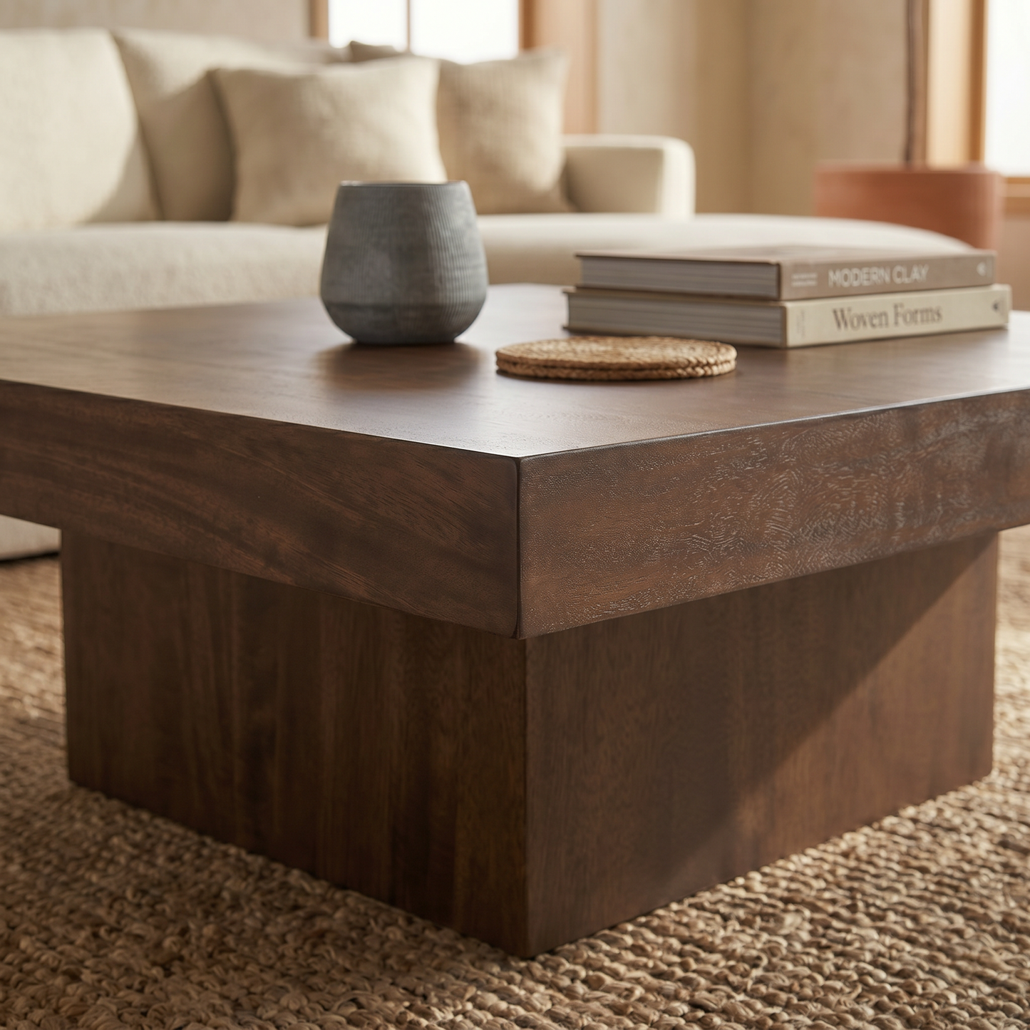 Padula 14" Modern Brown Oak Coffee Table with solid wood and Mango Veneers - Enhanced
