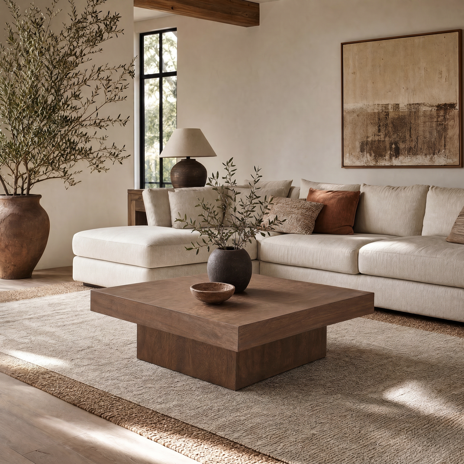 Padula 14" Modern Brown Oak Coffee Table with solid wood and Mango Veneers - Enhanced