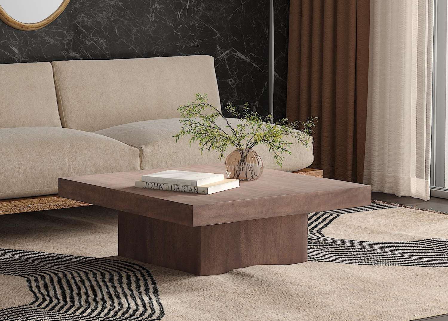 Padula 14" Modern Brown Oak Coffee Table with solid wood and Mango Veneers - Room Scene
