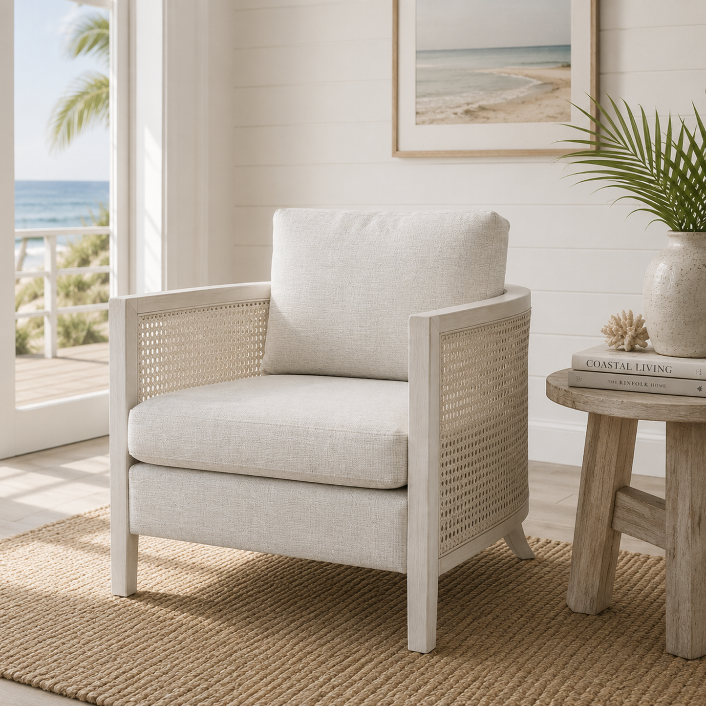 Mylo 30" Accent Chair in Solid Wood Frame with Hand-Brushed Cane and Oyster Fabric - Main