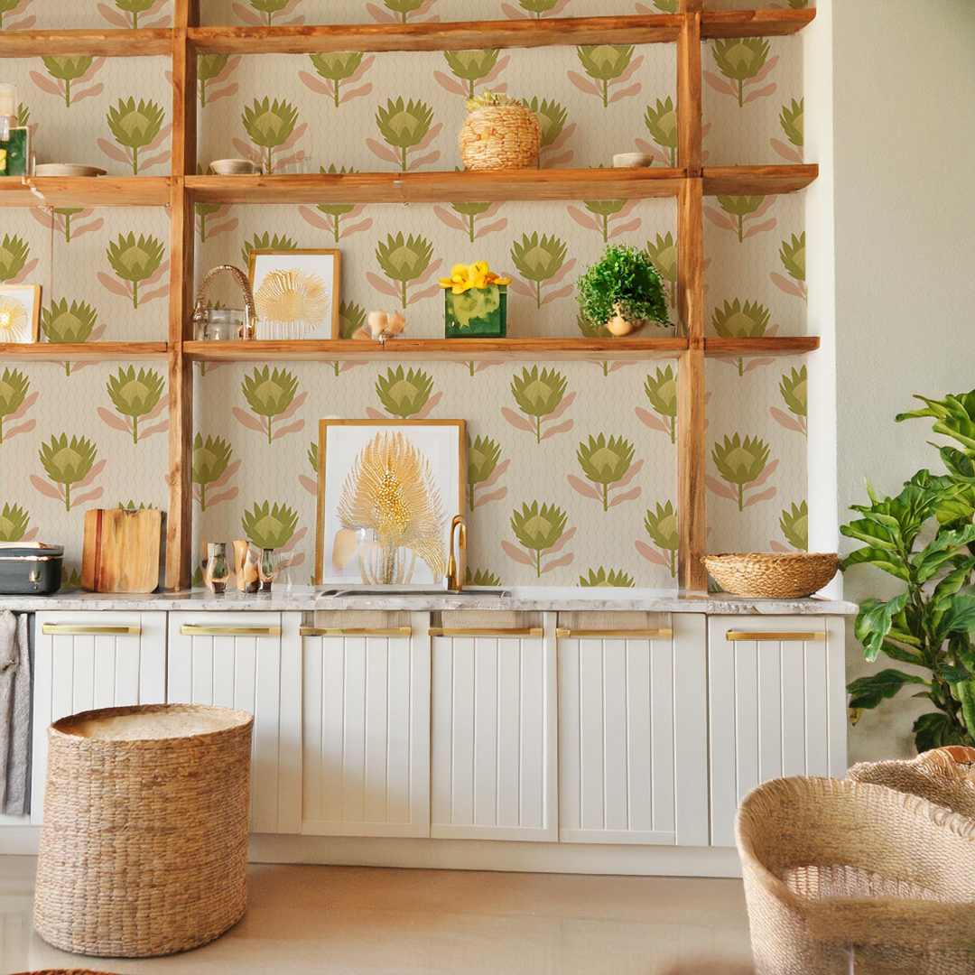 King Protea Wallpaper, tan and olive