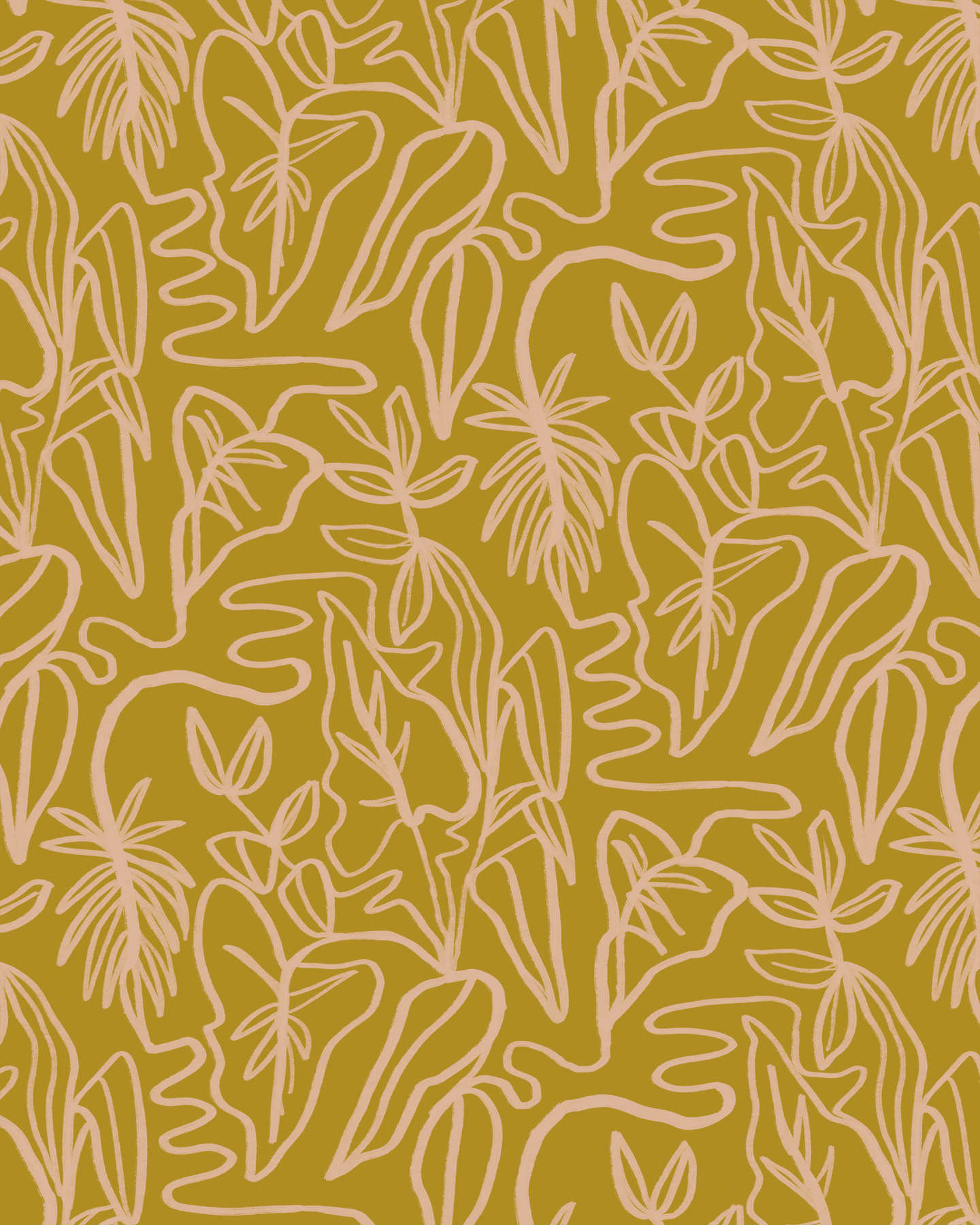 Inked Foliage Wallpaper - Mustard & Peach